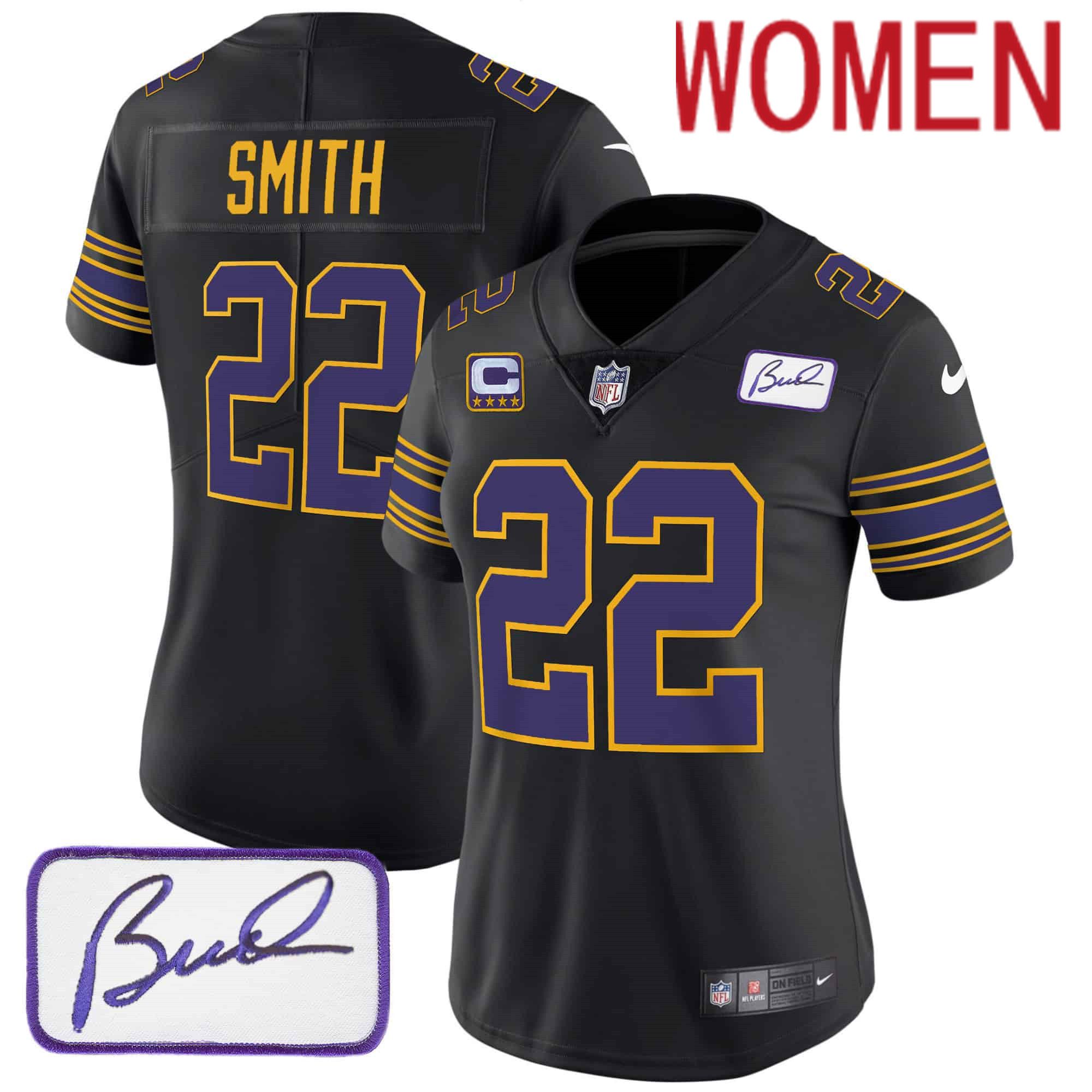 Women Minnesota Vikings #22 Smith Black 2024 Nike Bud Grant Patch Classic Limited NFL Jersey->women nfl jersey->Women Jersey
